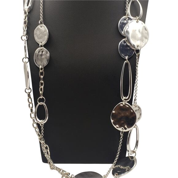 Chicos Silver Tone Necklace 41" Long Two Strand Hammered Disk Chain Statement - Picture 3 of 8